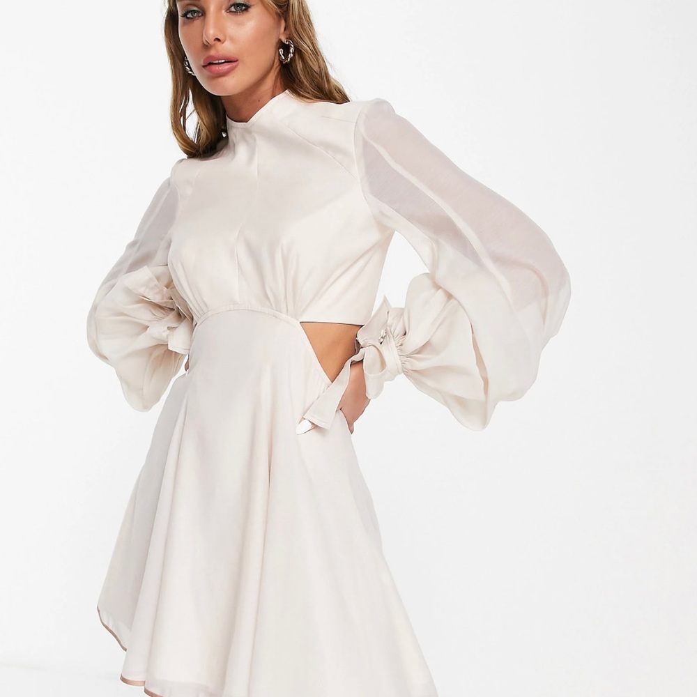 ASOS DESIGN voile mini dress with Blouson Sleeve and cuff tie detail - Picture 2 of 6